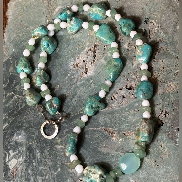 Turquoise Chunk and Sea Glass Beaded Sterling Silver Handmade Necklace - Picture 1 of 1